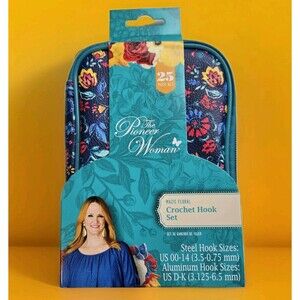 Pioneer Woman Crochet Hook Set Mazie Floral 25 Pieces Steel 00-14 Aluminum D-K